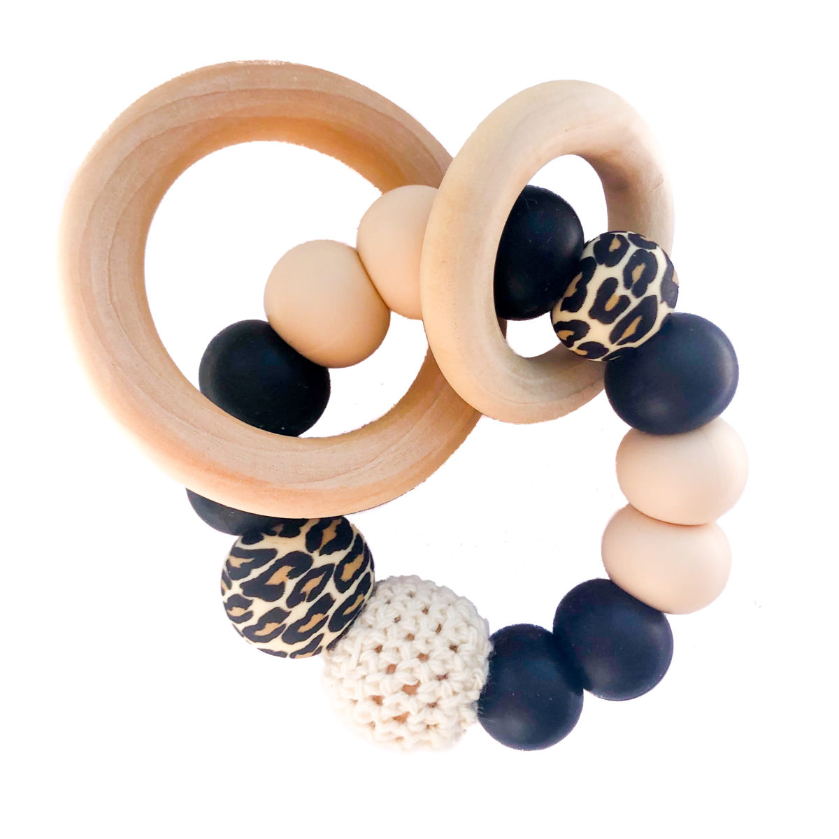 Bijtring met houten ringen Luipaard Crème Zwart Kleine Ukkie